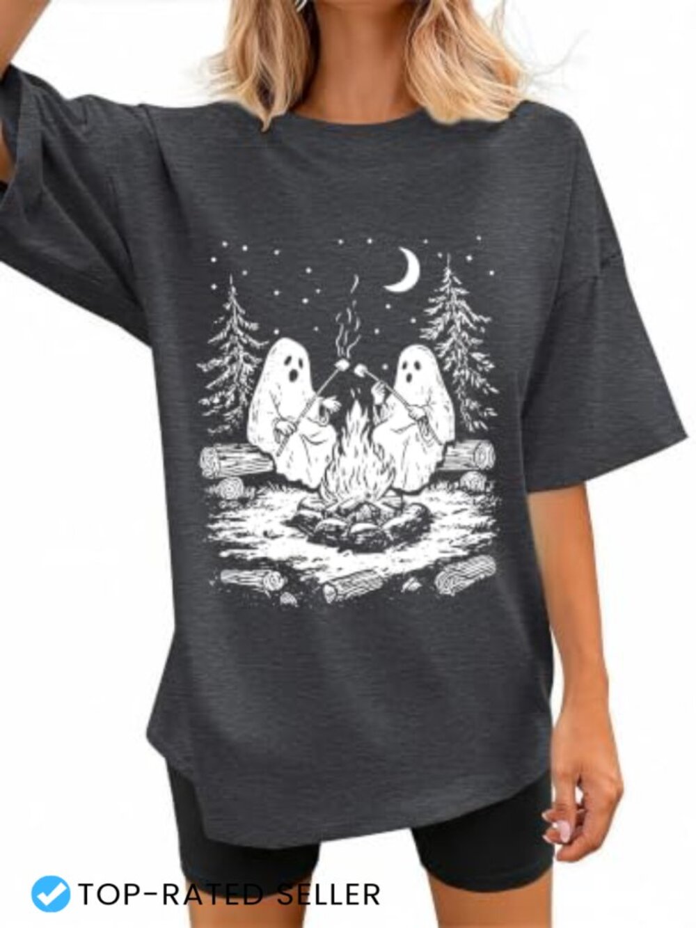Halloween Ghost Pumpkin Bat Graphic Tee Oversized Women Crew Neck